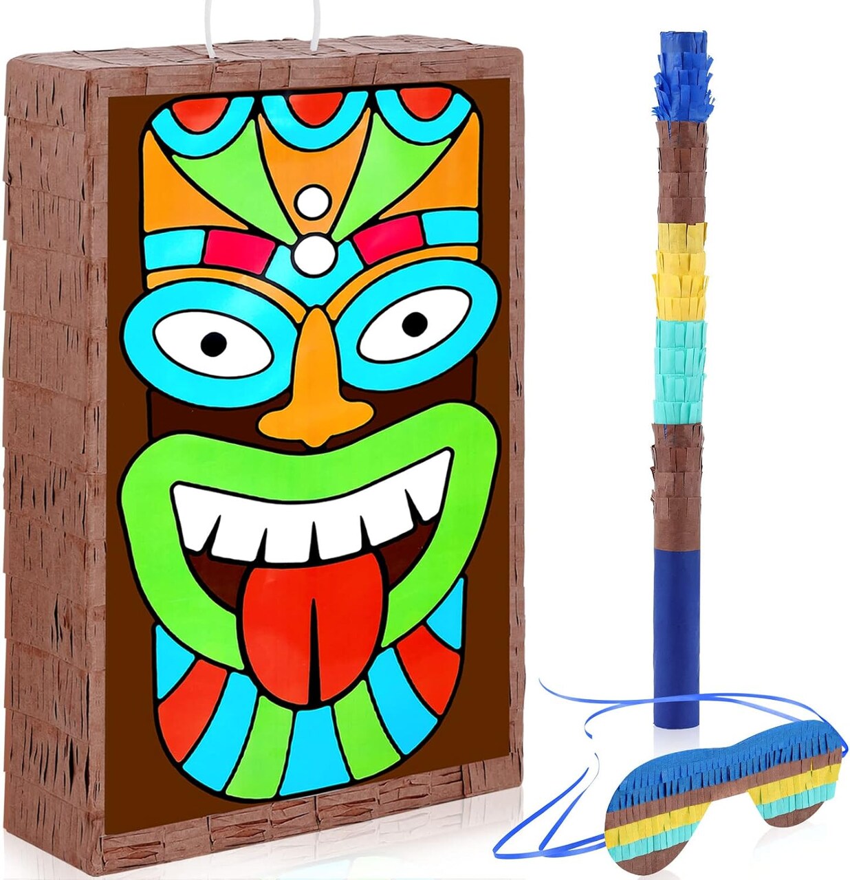 Tropical Tiki Pinata for Luau Hawaiian Party Decorations Luau Pinatas Eye Mask Stick Paper Hawaiian Pinata for Birthday Summer Theme Party Supplies 16.4 x 10.7 x 3 Inches